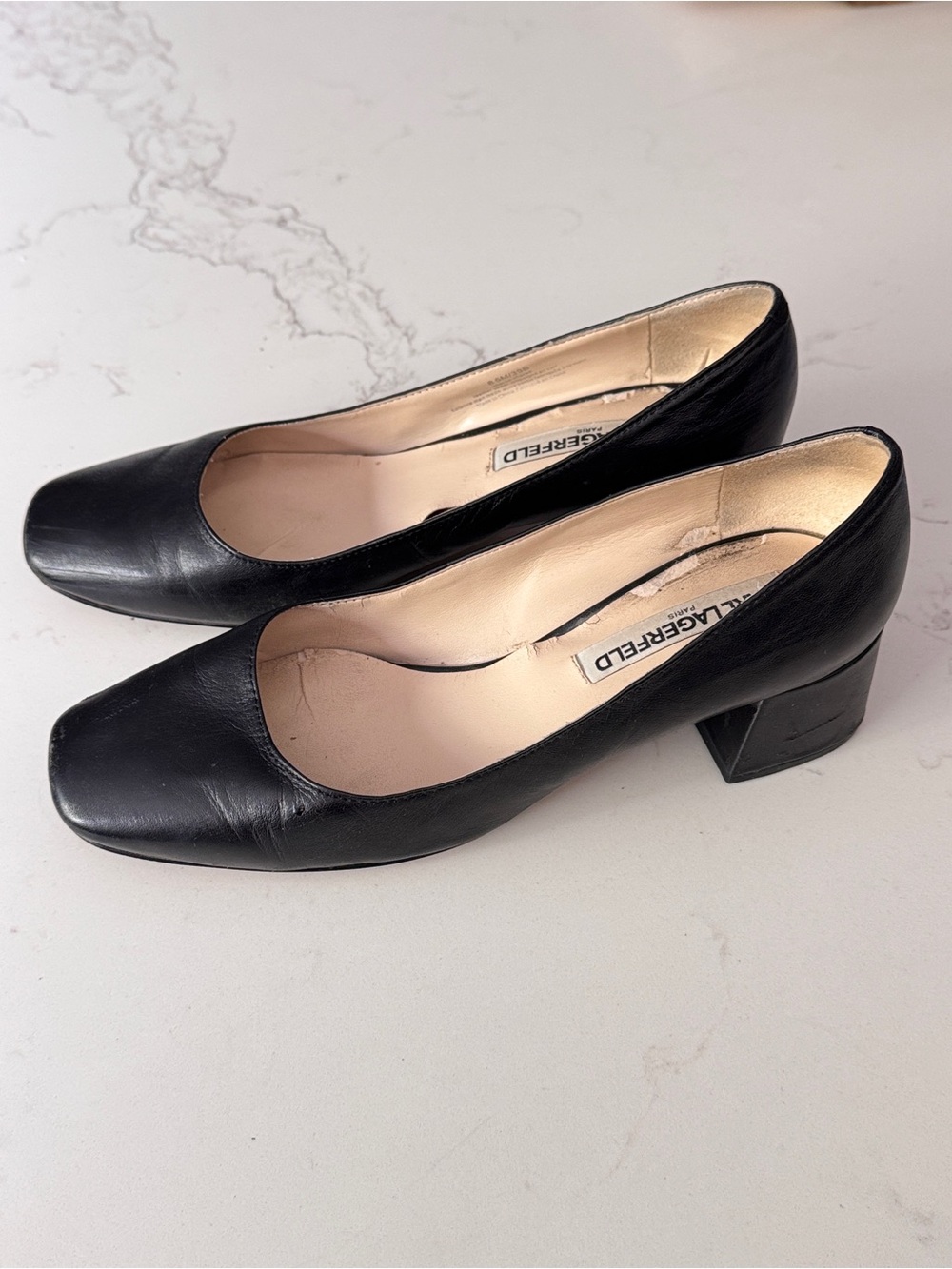 Karl Lagerfeld  Black Leather Square Toe Block Heel Pumps 8.5